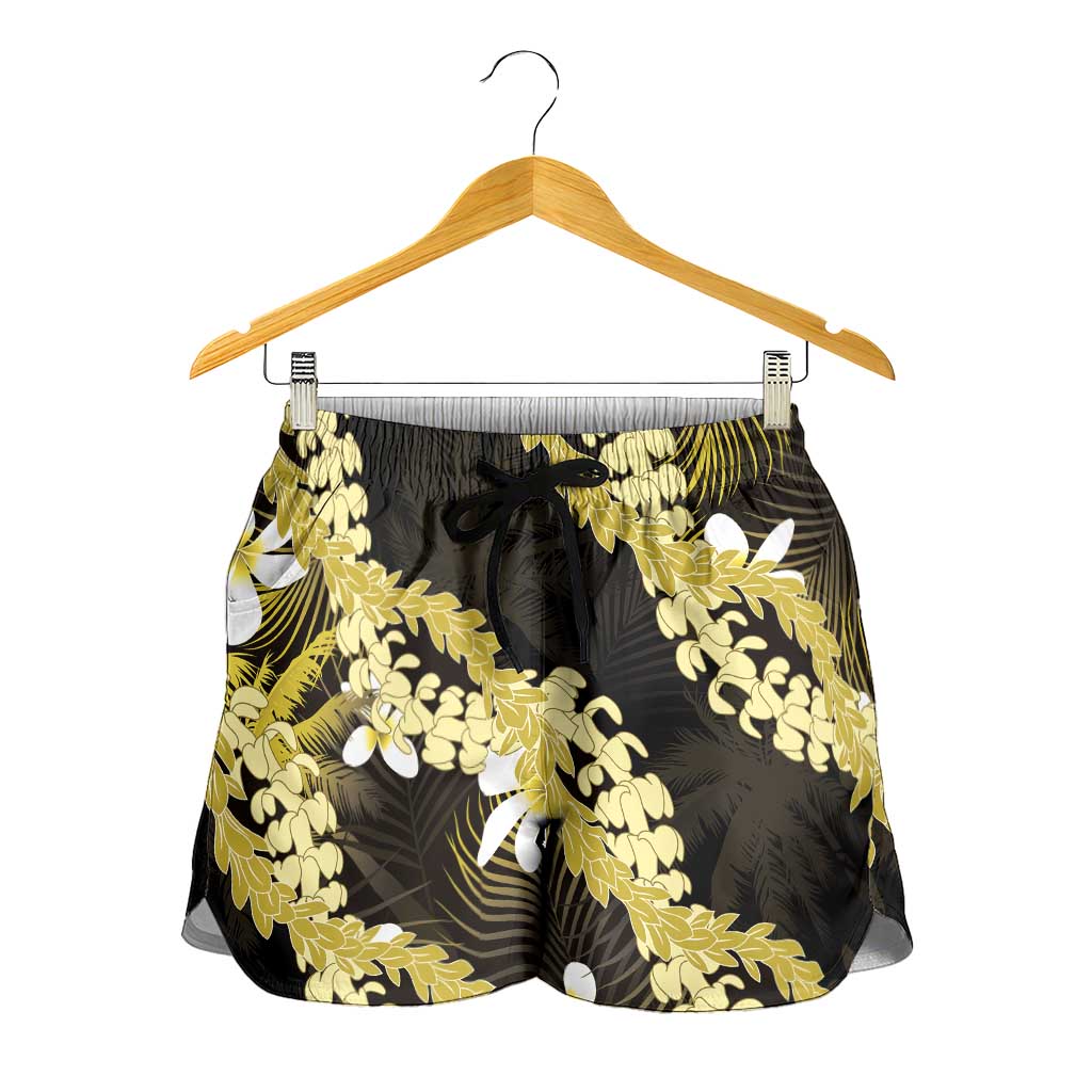 Puakenikeni Maile Lei Shorts for Women Frangipani Yellow Tropical Leaves