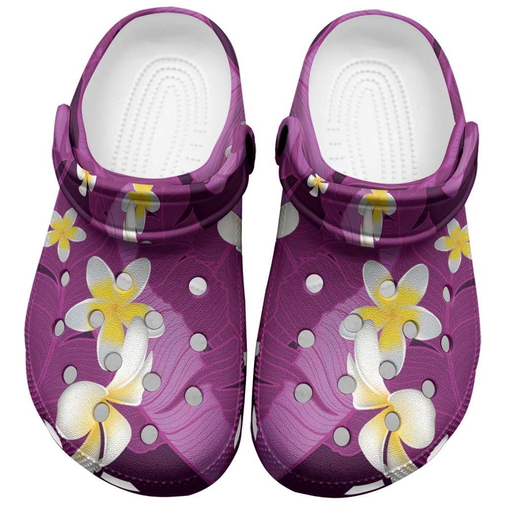 Purple Banana Leaf Hawaii Clogs Shoes Lau Maia Plumeria Tropical Summer Vibes