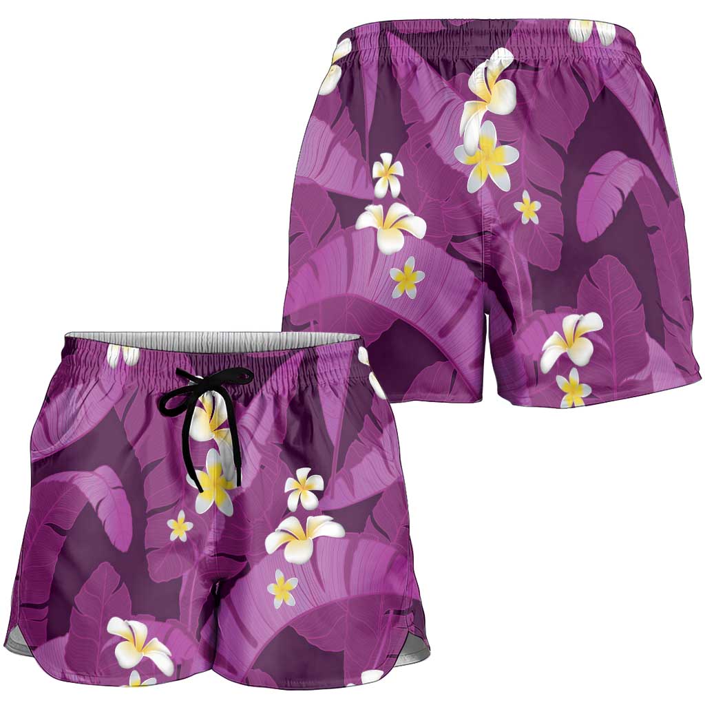 Purple Banana Leaf Hawaii Shorts for Women Lau Maia Plumeria Tropical Summer Vibes
