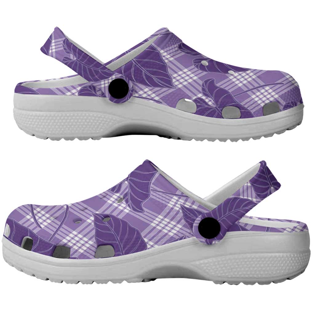 Purple Hawaii Kalo Palaka Motifs Clogs Shoes Hawaiian Taro Leaves Elegant Vibes