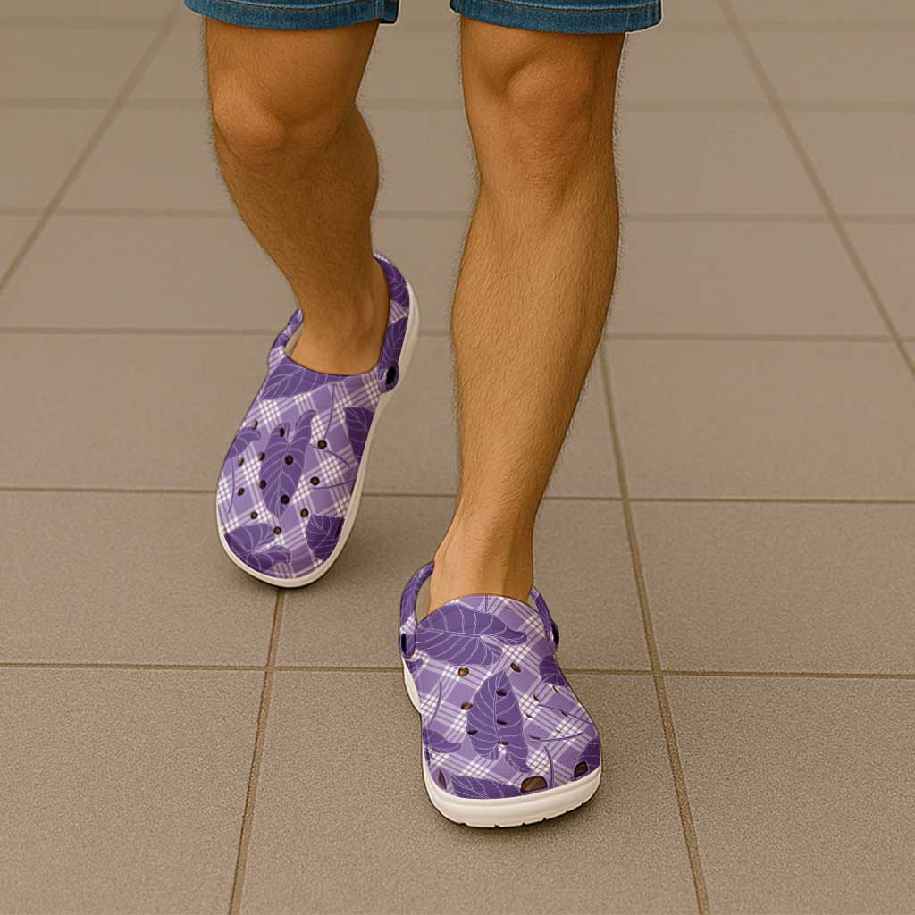 Purple Hawaii Kalo Palaka Motifs Clogs Shoes Hawaiian Taro Leaves Elegant Vibes