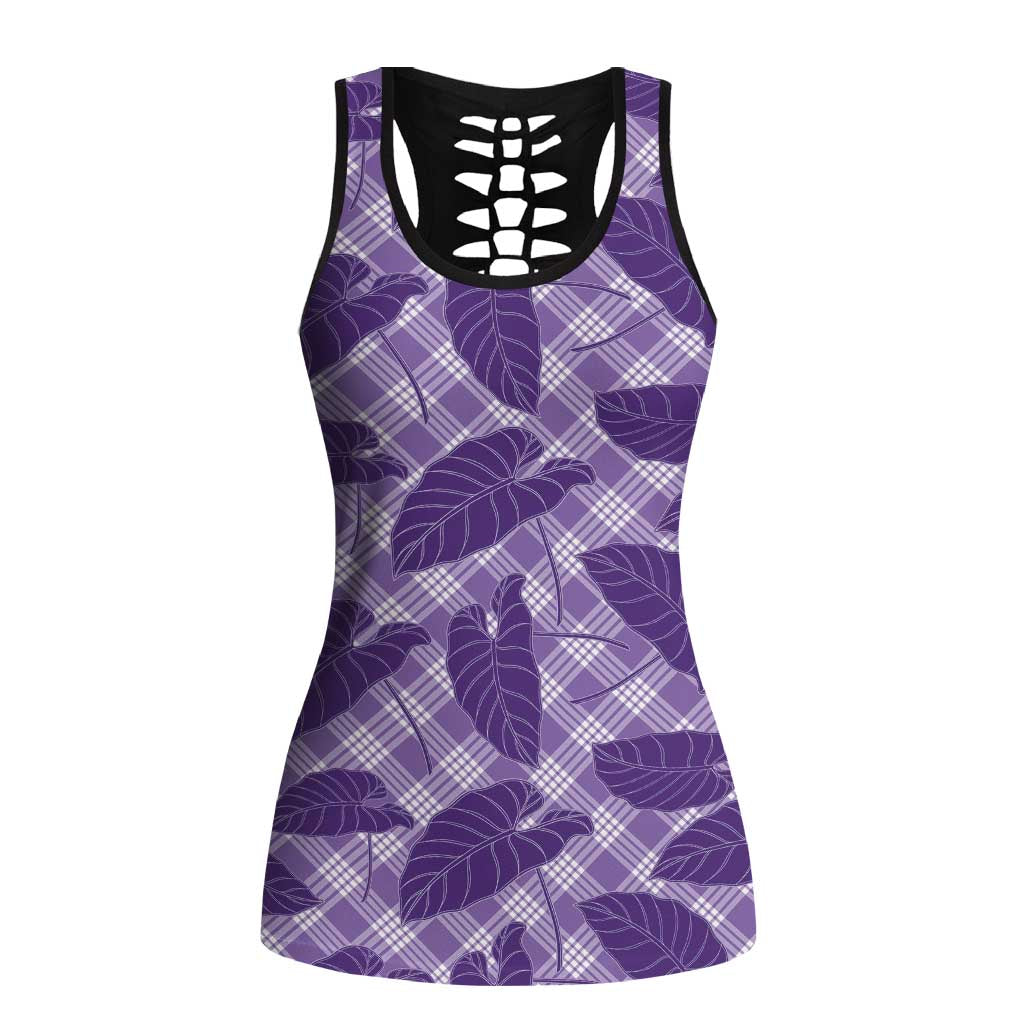 Purple Hawaii Kalo Palaka Motifs Hollow Tank Top Hawaiian Taro Leaves Elegant Vibes