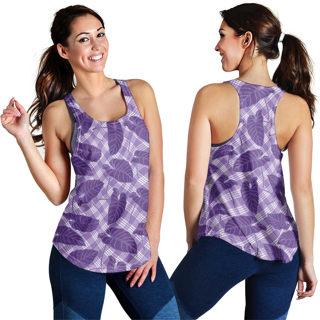 Purple Hawaii Kalo Palaka Motifs Women Racerback Tank Hawaiian Taro Leaves Elegant Vibes
