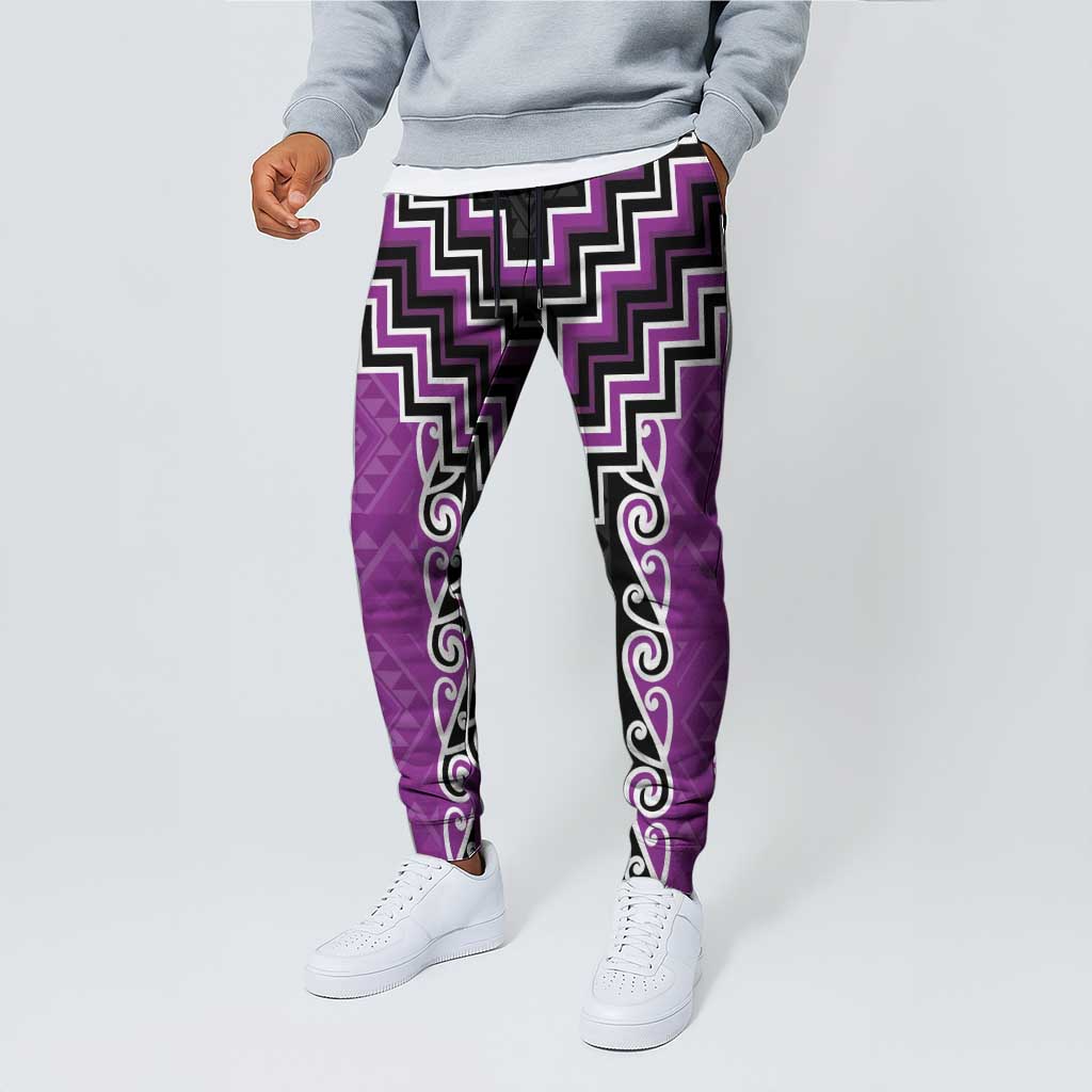 Purple Niho Taniwha Mix Poutama Jogger Pants Unique Taniko Aotearoa - Polynesian Pride