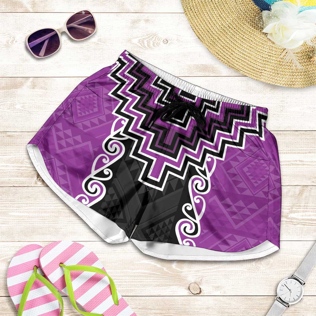 Purple Niho Taniwha Mix Poutama Shorts for Women Unique Taniko Aotearoa - Polynesian Pride