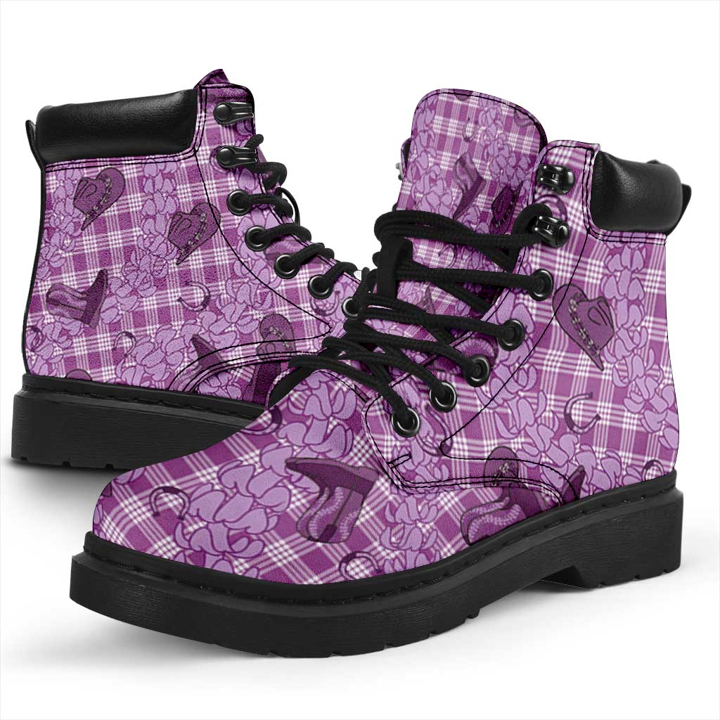 Purple Palaka Hawaii Cowboy All Season Boots Puakenikeni Lei Paniolo Papale Seamless Vibes - Polynesian Pride