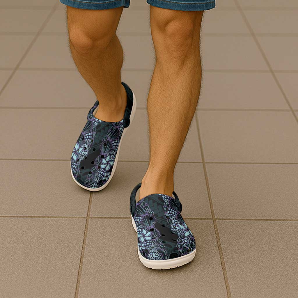 Purple Paradise Hawaii Shell Lei Clogs Shoes Hawaiian Sunrise Shell Hebrew Cone Plumeria - Polynesian Pride