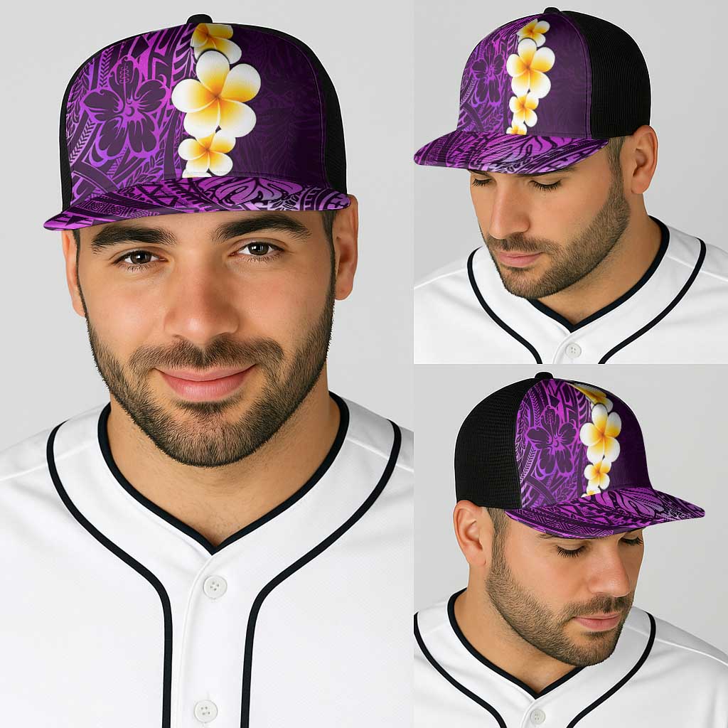 Purple Polynesia Baseball Net Cap Plumeria Tropical Leaves With Galaxy Polynesian Art - Polynesian Pride