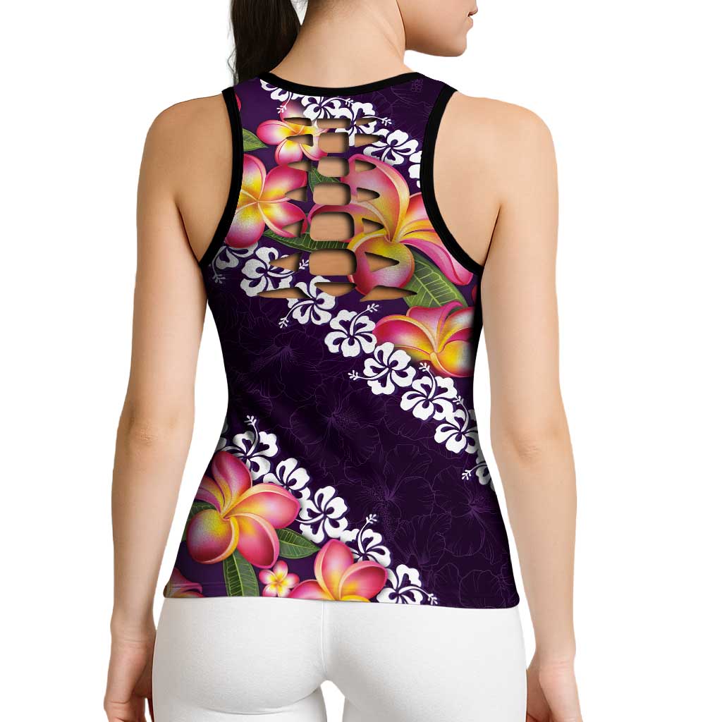 Purple Polynesia Hollow Tank Top Plumeria With Hibiscus Pattern Tropical Vibes - Polynesian Pride