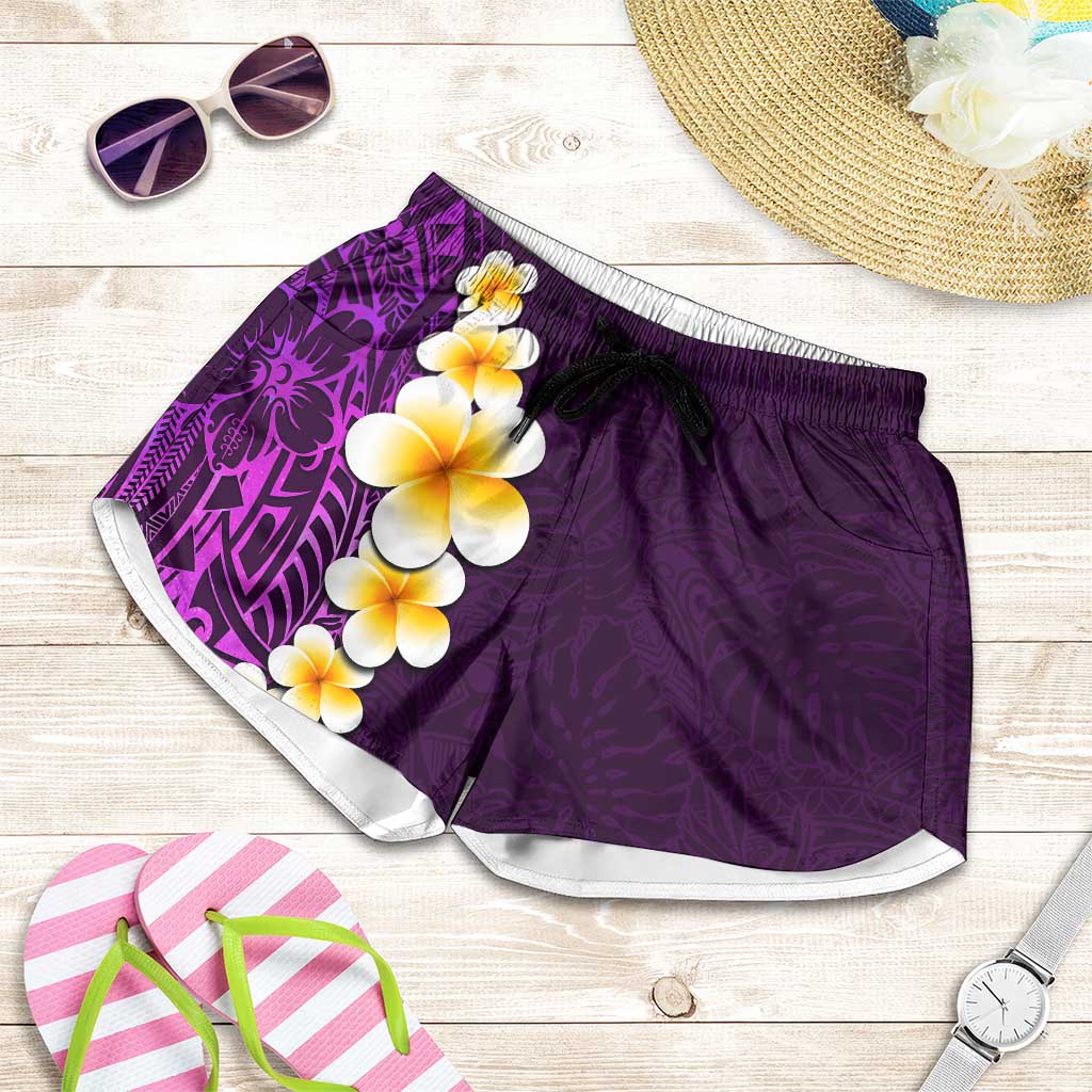 Purple Polynesia Shorts for Women Plumeria Tropical Leaves With Galaxy Polynesian Art LT14 Purple - Polynesian Pride