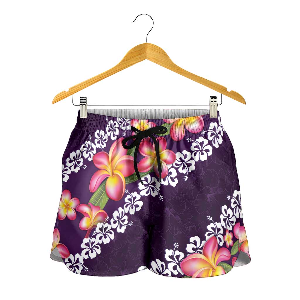 Purple Polynesia Shorts for Women Plumeria With Hibiscus Pattern Tropical Vibes - Polynesian Pride