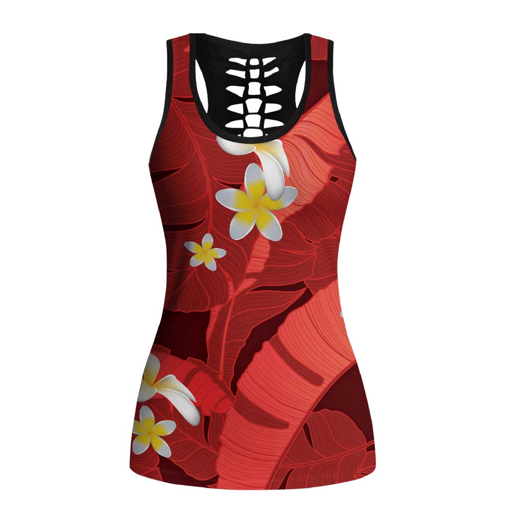 Red Banana Leaf Hawaii Hollow Tank Top Lau Maia Plumeria Tropical Summer Vibes LT14 Female Red - Polynesian Pride