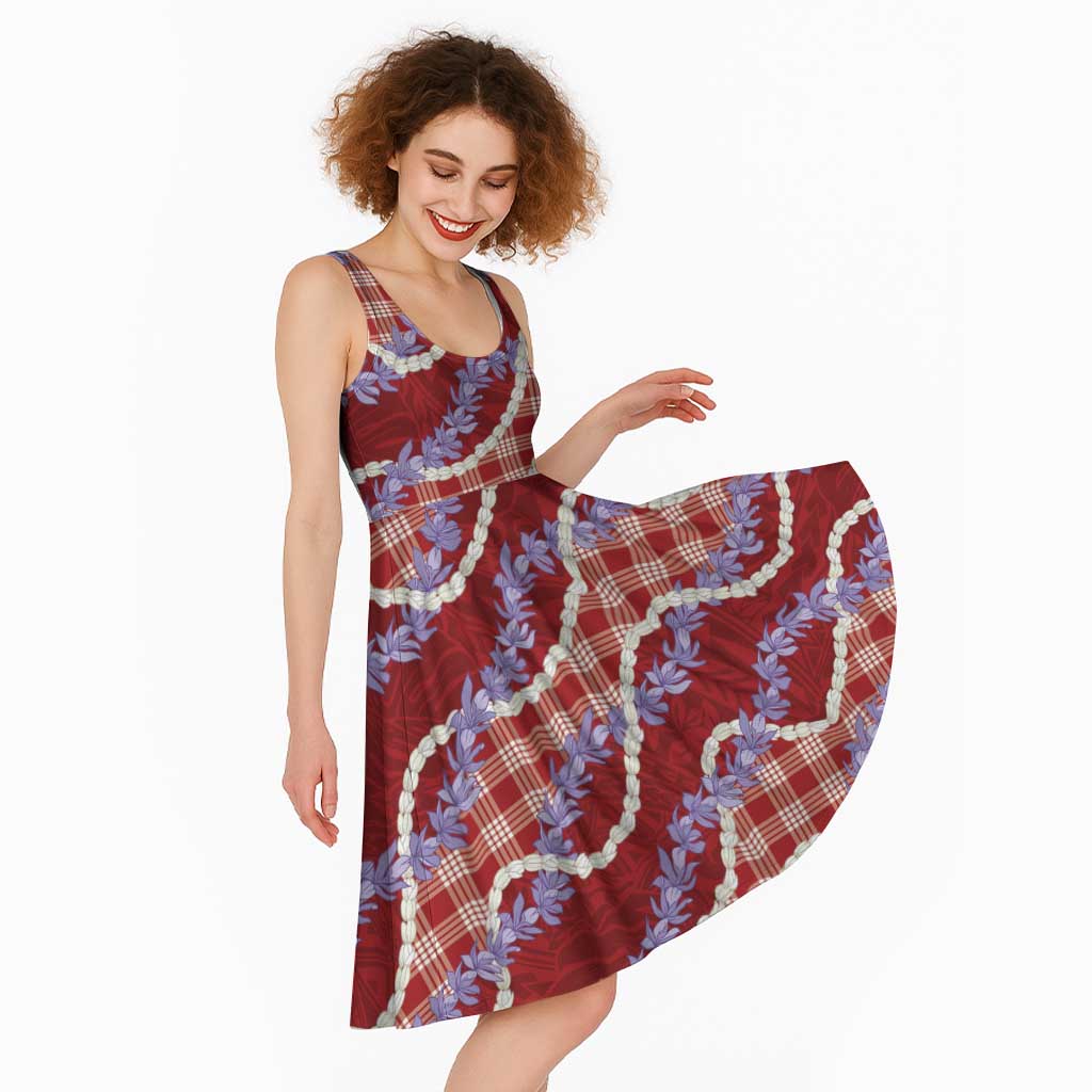 Red Hawaii Palaka Honohono Pikake Midi Dress Hawaiian Orchid Lei Polynesian Pattern - Polynesian Pride