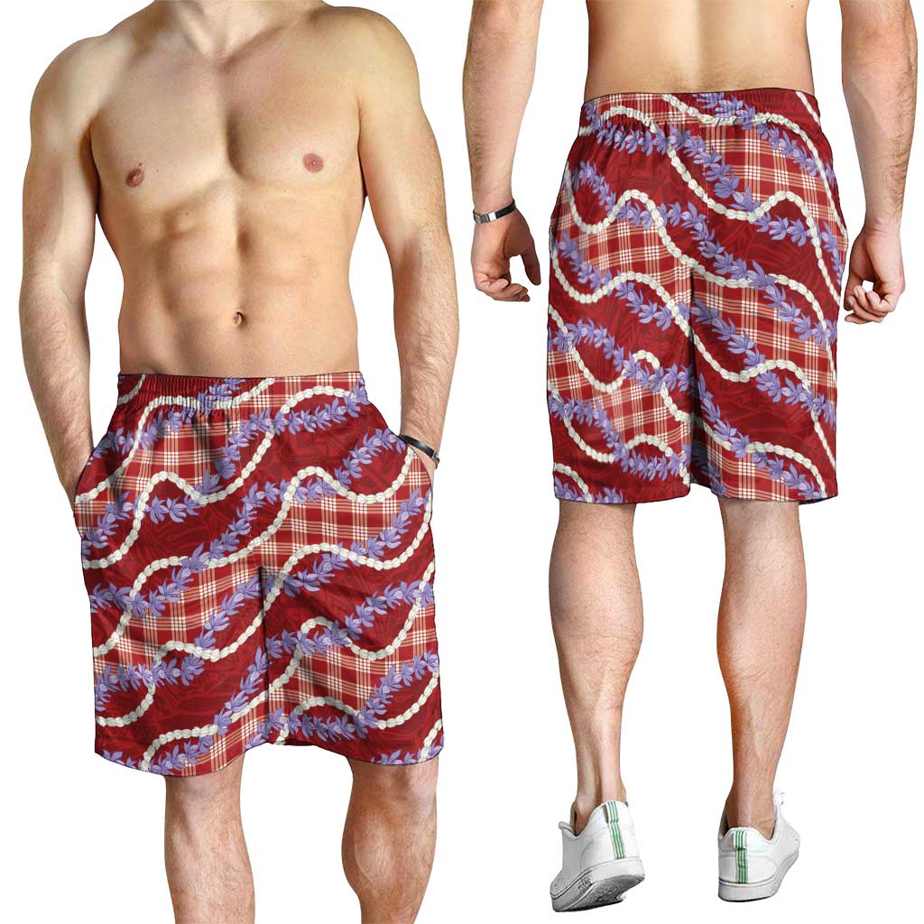 Red Hawaii Palaka Honohono Pikake Shorts for Men Hawaiian Orchid Lei Polynesian Pattern - Polynesian Pride