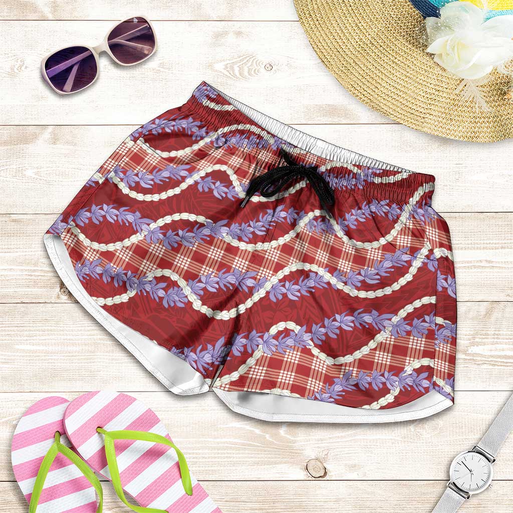 Red Hawaii Palaka Honohono Pikake Shorts for Women Hawaiian Orchid Lei Polynesian Pattern - Polynesian Pride