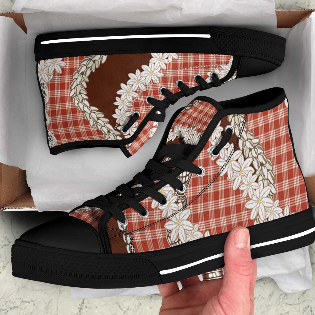 Red Hawaii Tiare and Shell Lei High Top Shoes Hawaiian Palaka Luxury Vibes LT14 Red - Polynesian Pride
