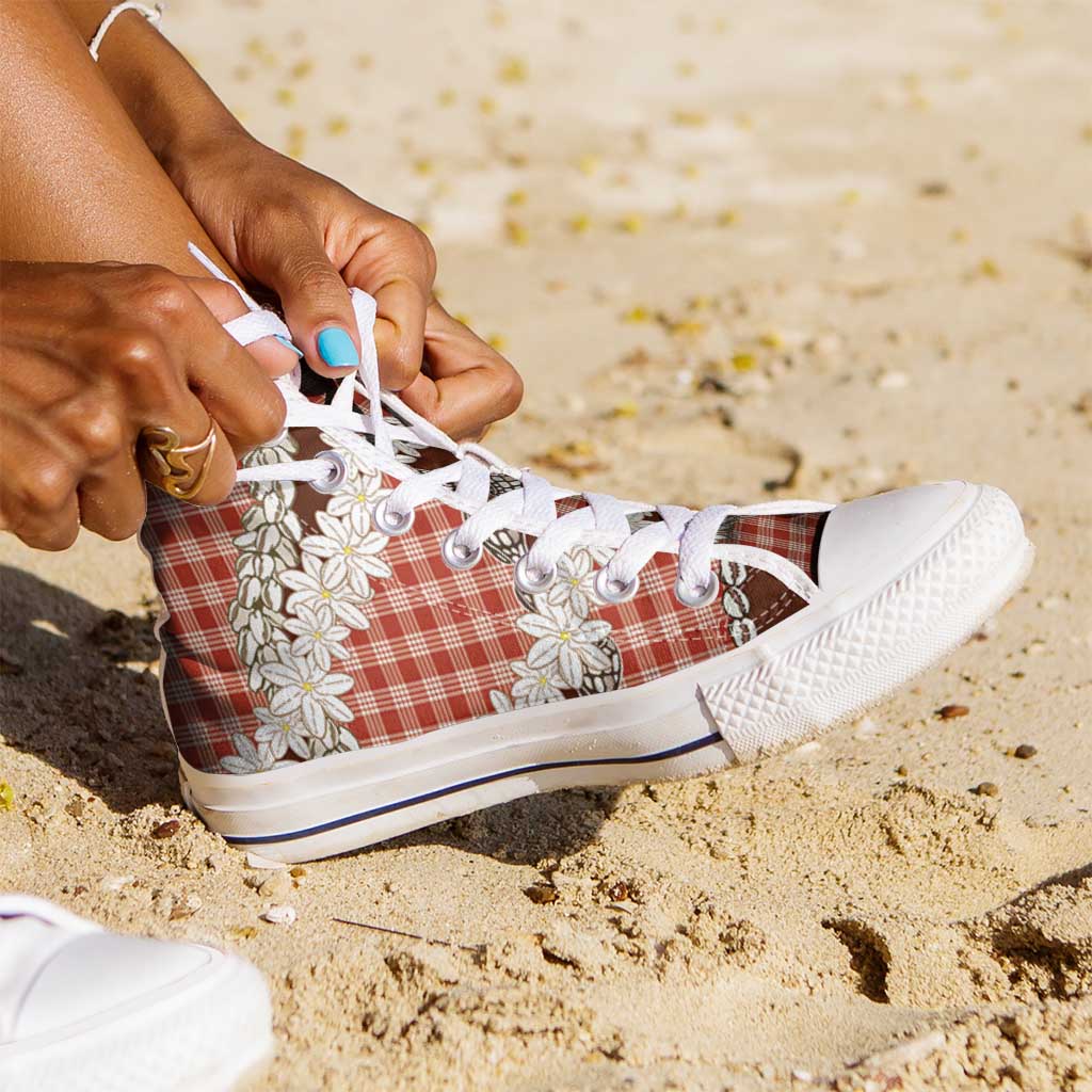 Red Hawaii Tiare and Shell Lei High Top Shoes Hawaiian Palaka Luxury Vibes LT14 - Polynesian Pride