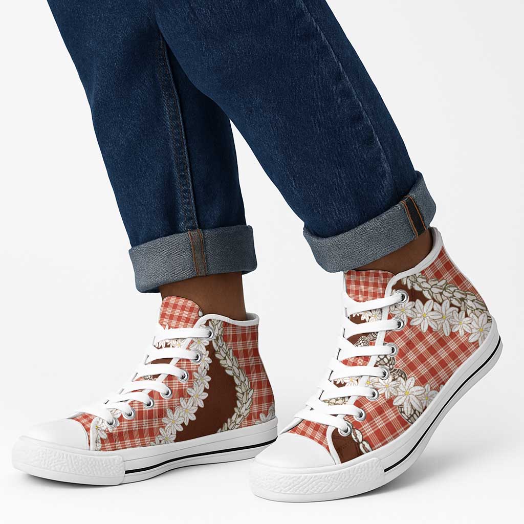 Red Hawaii Tiare and Shell Lei High Top Shoes Hawaiian Palaka Luxury Vibes LT14 - Polynesian Pride