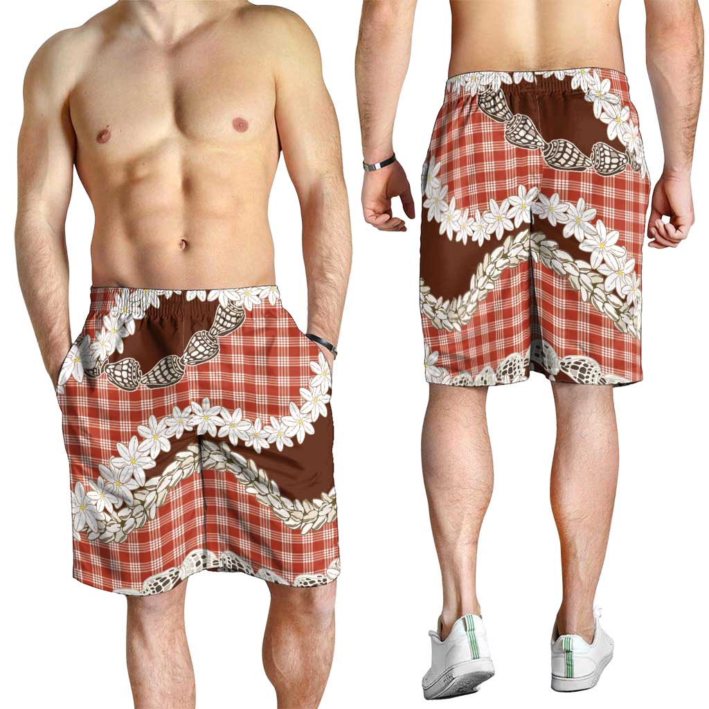 Red Hawaii Tiare and Shell Lei Shorts for Men Hawaiian Palaka Luxury Vibes - Polynesian Pride