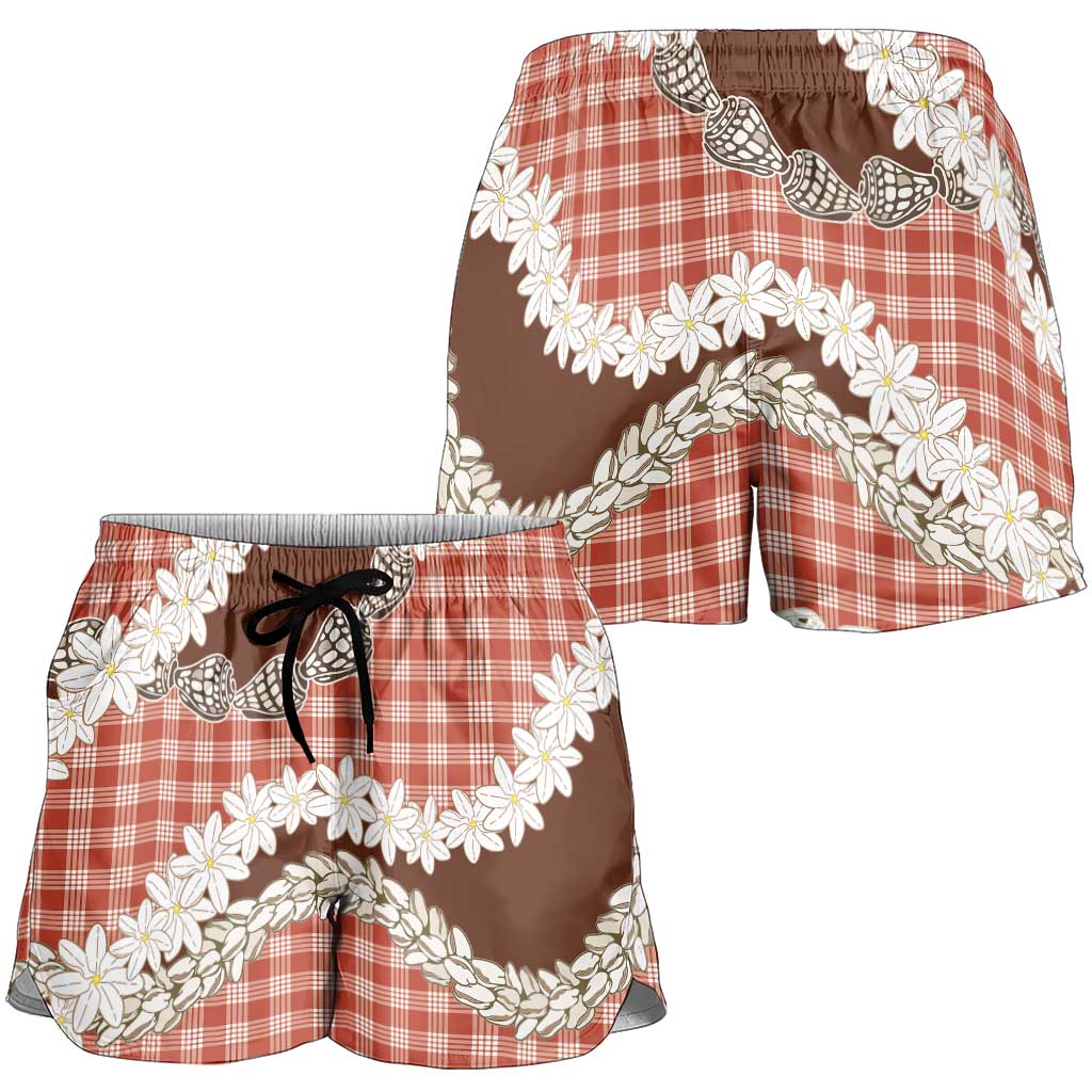 Red Hawaii Tiare and Shell Lei Shorts for Women Hawaiian Palaka Luxury Vibes LT14 - Polynesian Pride