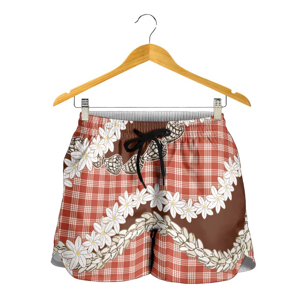 Red Hawaii Tiare and Shell Lei Shorts for Women Hawaiian Palaka Luxury Vibes LT14 - Polynesian Pride
