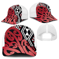 Red New Zealand Baseball Net Cap Aotearoa Kowhaiwhai Mix Taniko Art - Polynesian Pride