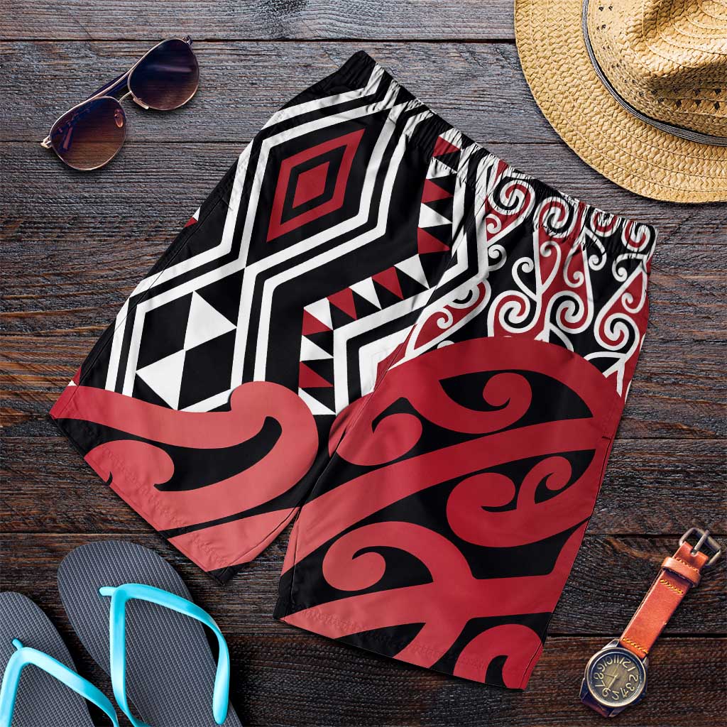 Red New Zealand Shorts for Men Aotearoa Kowhaiwhai Mix Taniko Art LT14