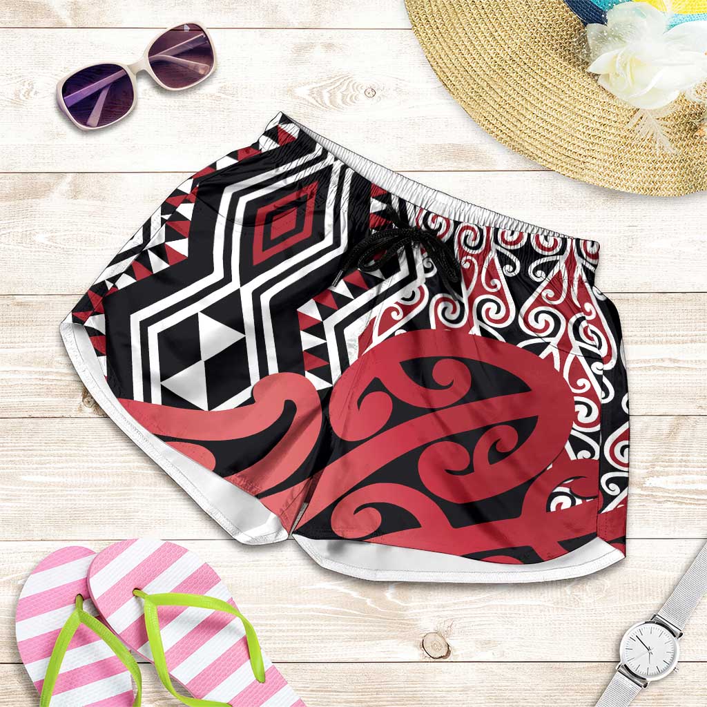 Red New Zealand Shorts for Women Aotearoa Kowhaiwhai Mix Taniko Art LT14 Red - Polynesian Pride