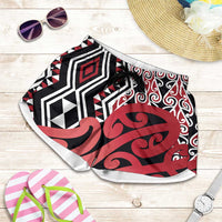 Red New Zealand Shorts for Women Aotearoa Kowhaiwhai Mix Taniko Art LT14 Red - Polynesian Pride