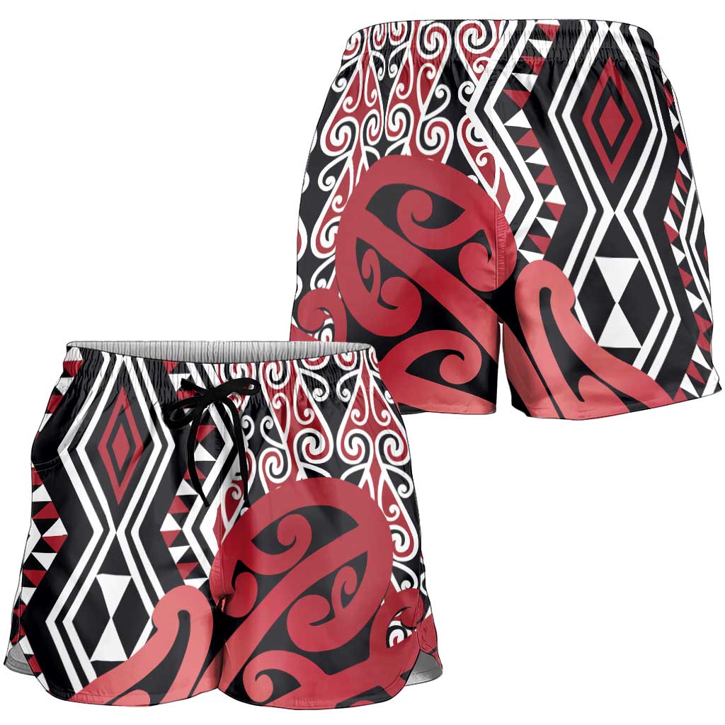 Red New Zealand Shorts for Women Aotearoa Kowhaiwhai Mix Taniko Art LT14 - Polynesian Pride