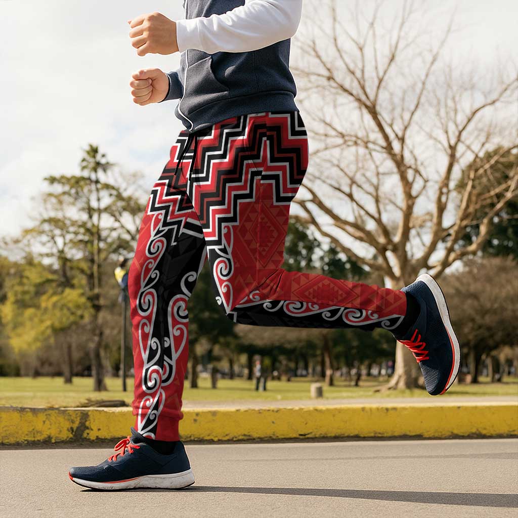 Red Niho Taniwha Mix Poutama Jogger Pants Unique Taniko Aotearoa - Polynesian Pride