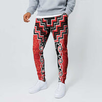 Red Niho Taniwha Mix Poutama Jogger Pants Unique Taniko Aotearoa - Polynesian Pride