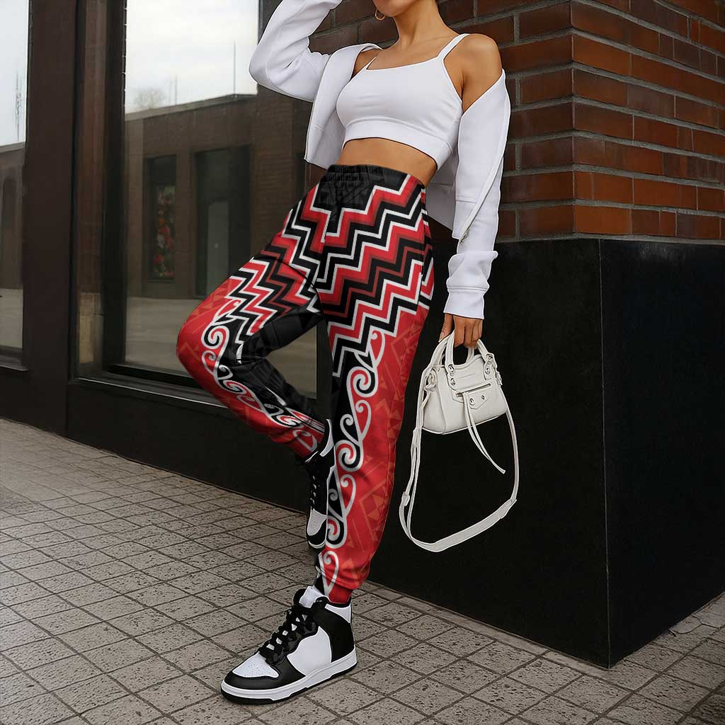 Red Niho Taniwha Mix Poutama Jogger Pants Unique Taniko Aotearoa - Polynesian Pride