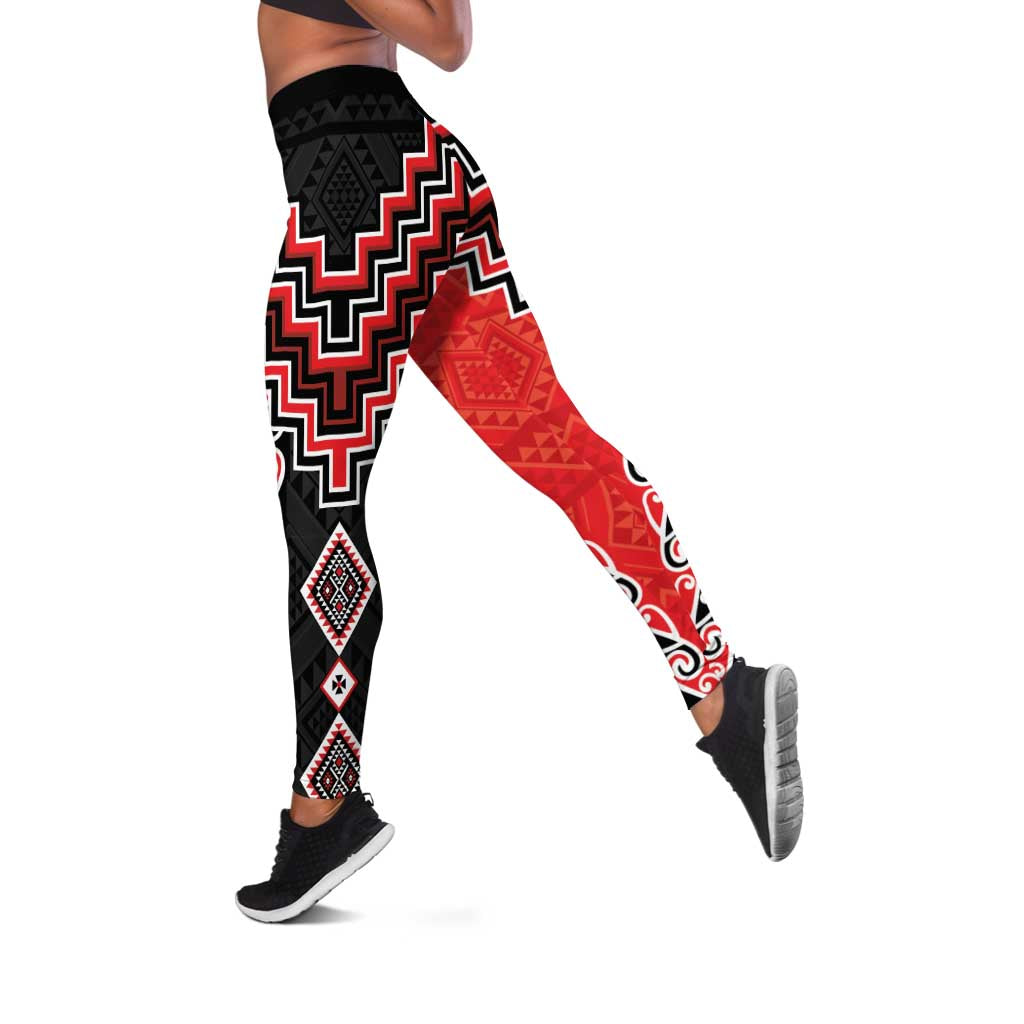 Red Niho Taniwha Mix Poutama Leggings Unique Taniko Aotearoa - Polynesian Pride