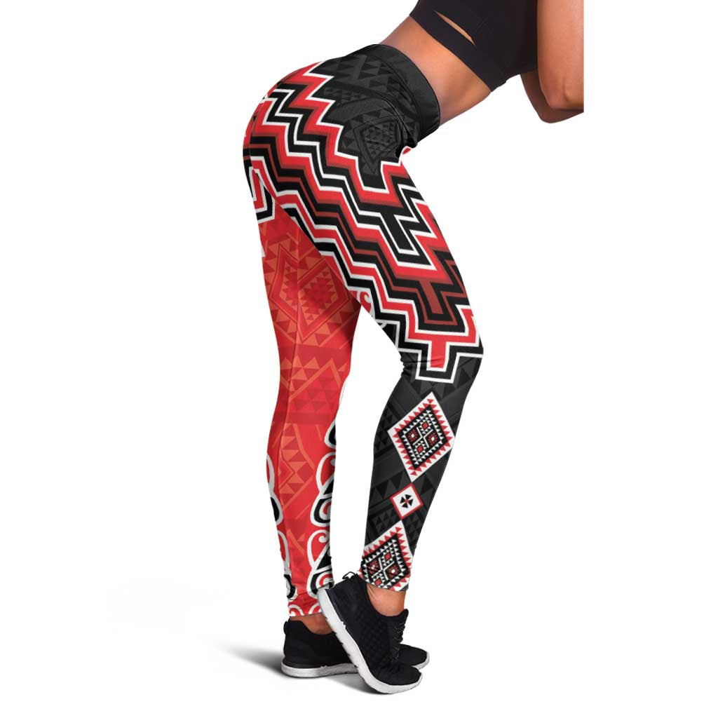 Red Niho Taniwha Mix Poutama Leggings Unique Taniko Aotearoa - Polynesian Pride