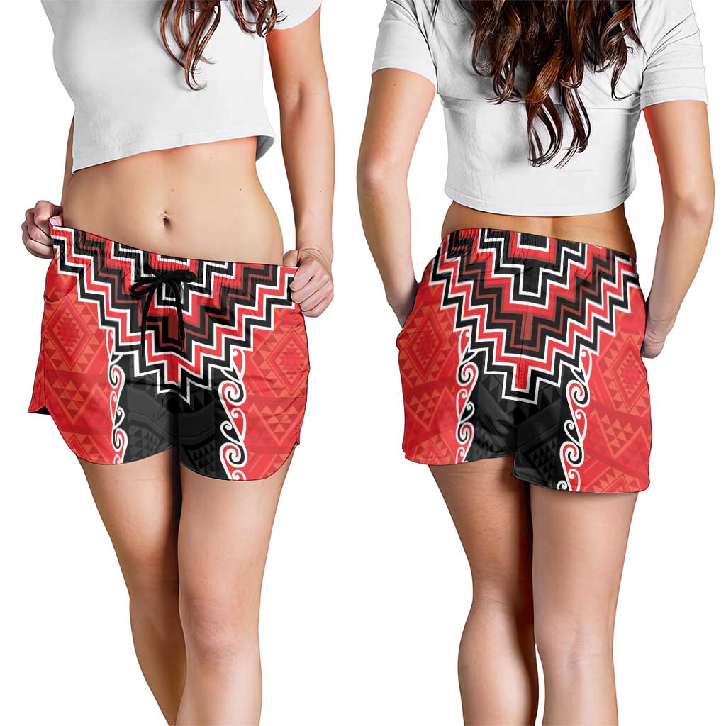Red Niho Taniwha Mix Poutama Shorts for Women Unique Taniko Aotearoa LT01 - Polynesian Pride