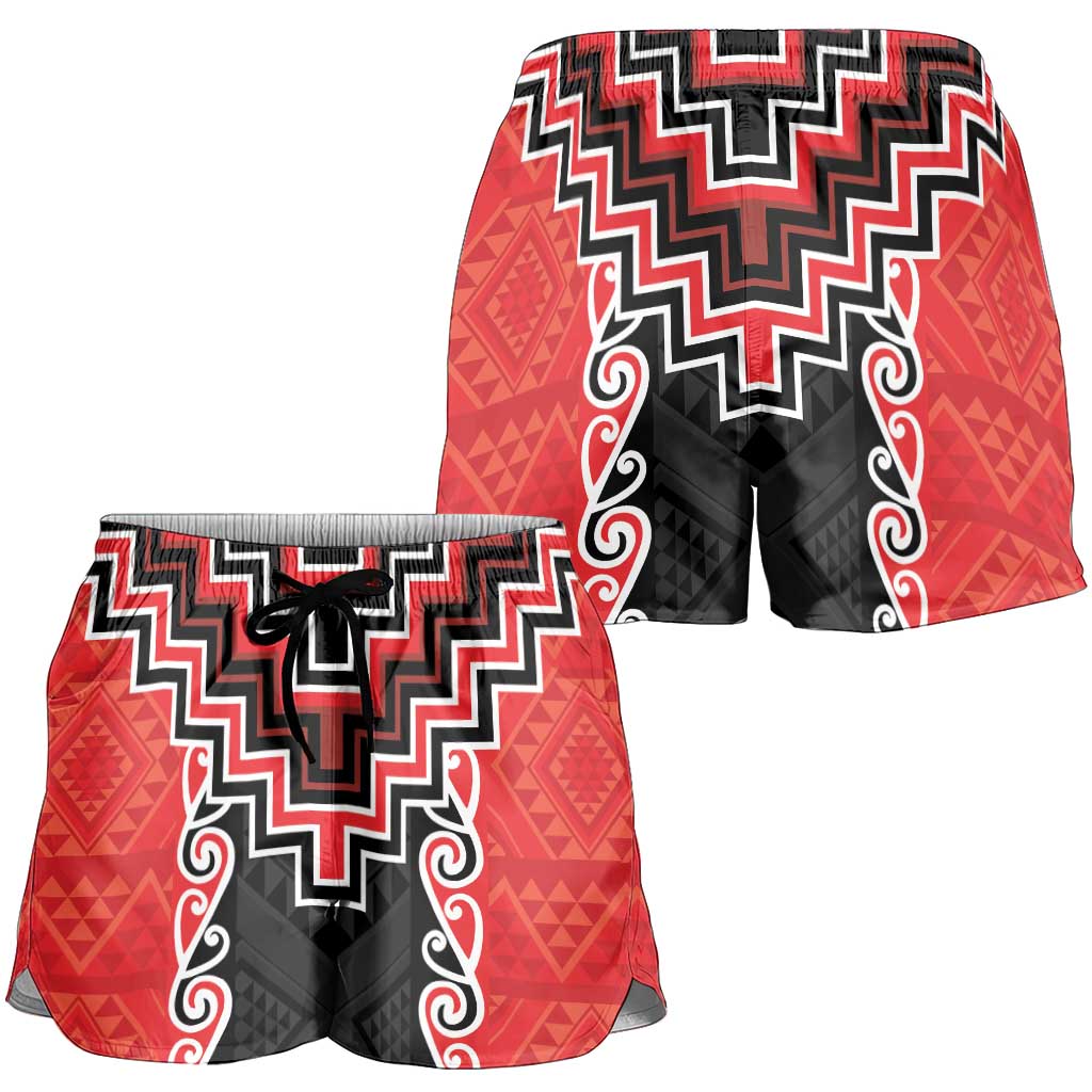Red Niho Taniwha Mix Poutama Shorts for Women Unique Taniko Aotearoa LT01 - Polynesian Pride