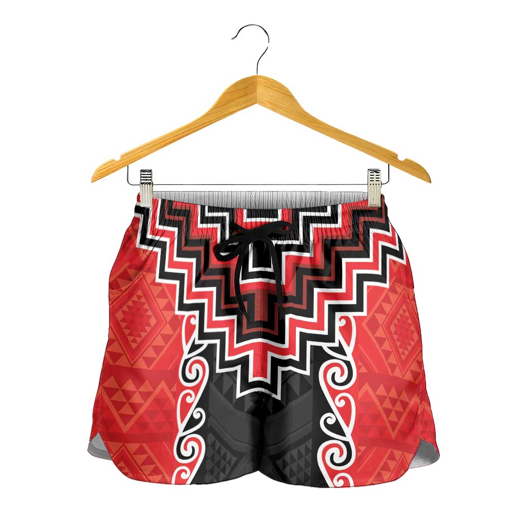 Red Niho Taniwha Mix Poutama Shorts for Women Unique Taniko Aotearoa LT01 - Polynesian Pride
