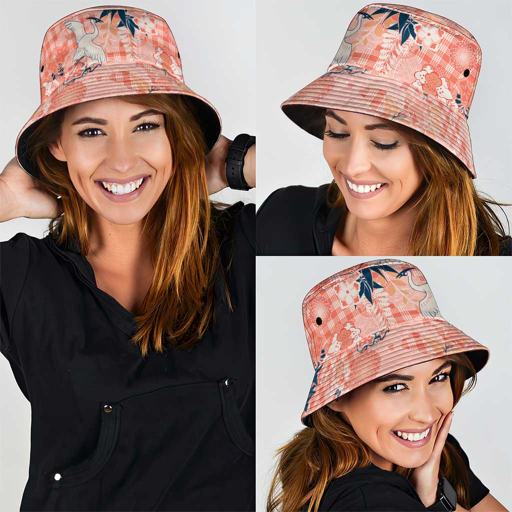 Red Palaka Crane and Flowers Bucket Hat Japan Heritage Spirit - Polynesian Pride