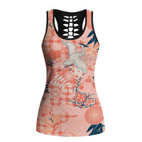 Red Palaka Crane and Flowers Hollow Tank Top Japan Heritage Spirit - Polynesian Pride