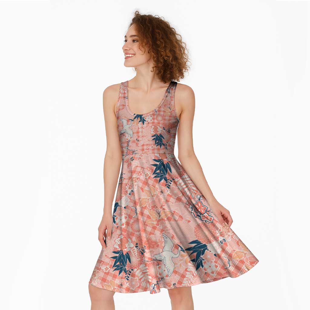 Red Palaka Crane and Flowers Midi Dress Japan Heritage Spirit - Polynesian Pride