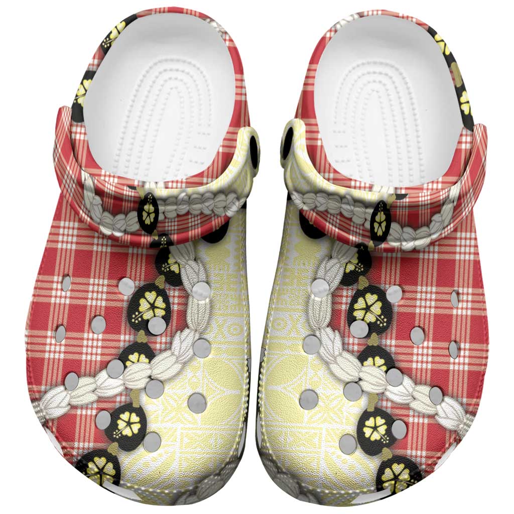 Red Palaka Hawaii Clogs Shoes Kukui Nut Pikake Lei Hawaiian Tapa Pattern - Polynesian Pride