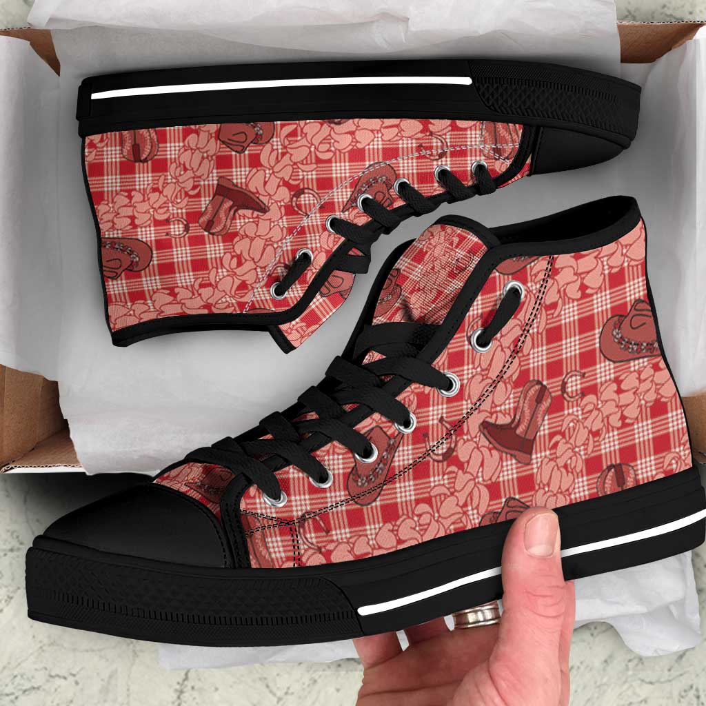 Red Palaka Hawaii Cowboy High Top Shoes Puakenikeni Lei Paniolo Papale Seamless Vibes - Polynesian Pride