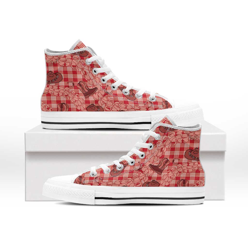 Red Palaka Hawaii Cowboy High Top Shoes Puakenikeni Lei Paniolo Papale Seamless Vibes LT14 - Polynesian Pride