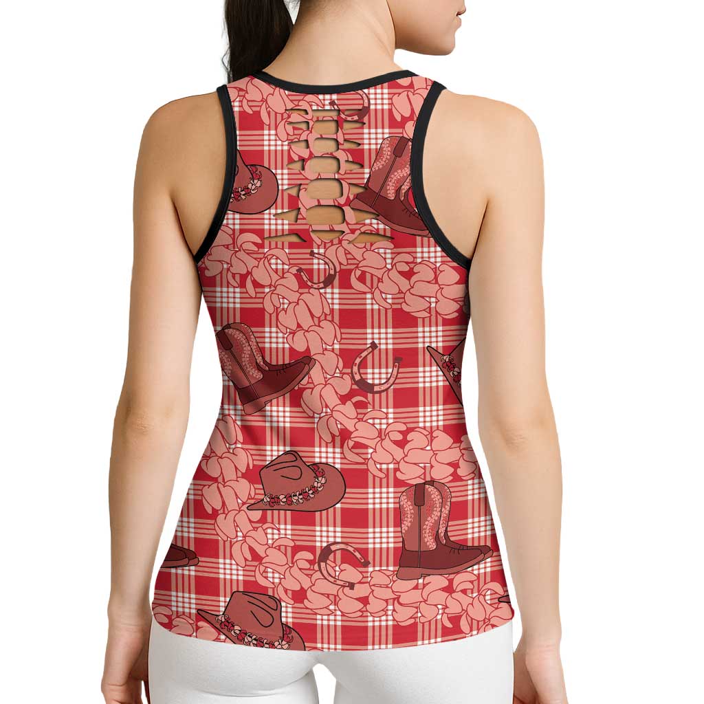 Red Palaka Hawaii Cowboy Hollow Tank Top Puakenikeni Lei Paniolo Papale Seamless Vibes - Polynesian Pride