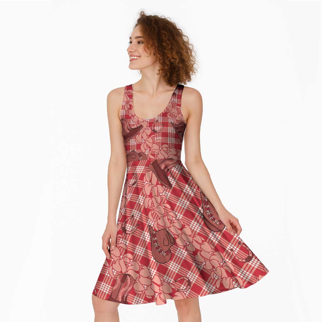 Red Palaka Hawaii Cowboy Midi Dress Puakenikeni Lei Paniolo Papale Seamless Vibes - Polynesian Pride