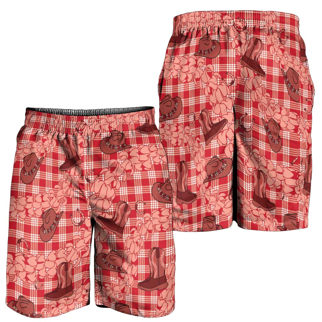 Red Palaka Hawaii Cowboy Shorts for Men Puakenikeni Lei Paniolo Papale Seamless Vibes - Polynesian Pride
