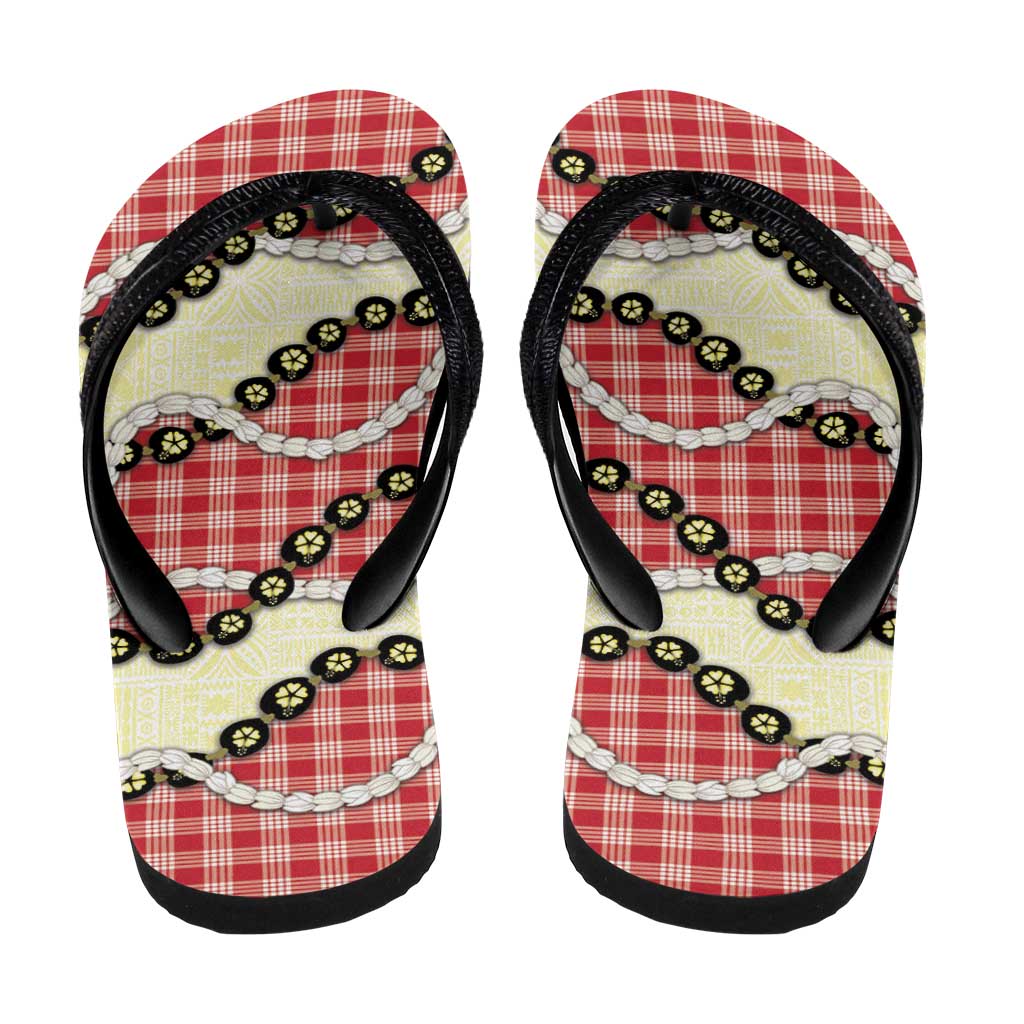 Red Palaka Hawaii Flip Flops Kukui Nut Pikake Lei Hawaiian Tapa Pattern - Polynesian Pride
