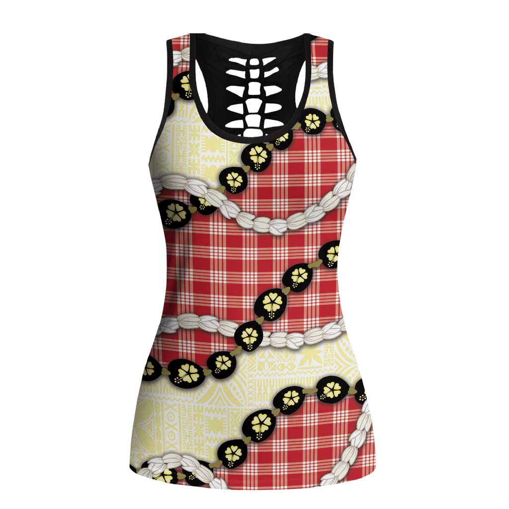 Red Palaka Hawaii Hollow Tank Top Kukui Nut Pikake Lei Hawaiian Tapa Pattern - Polynesian Pride