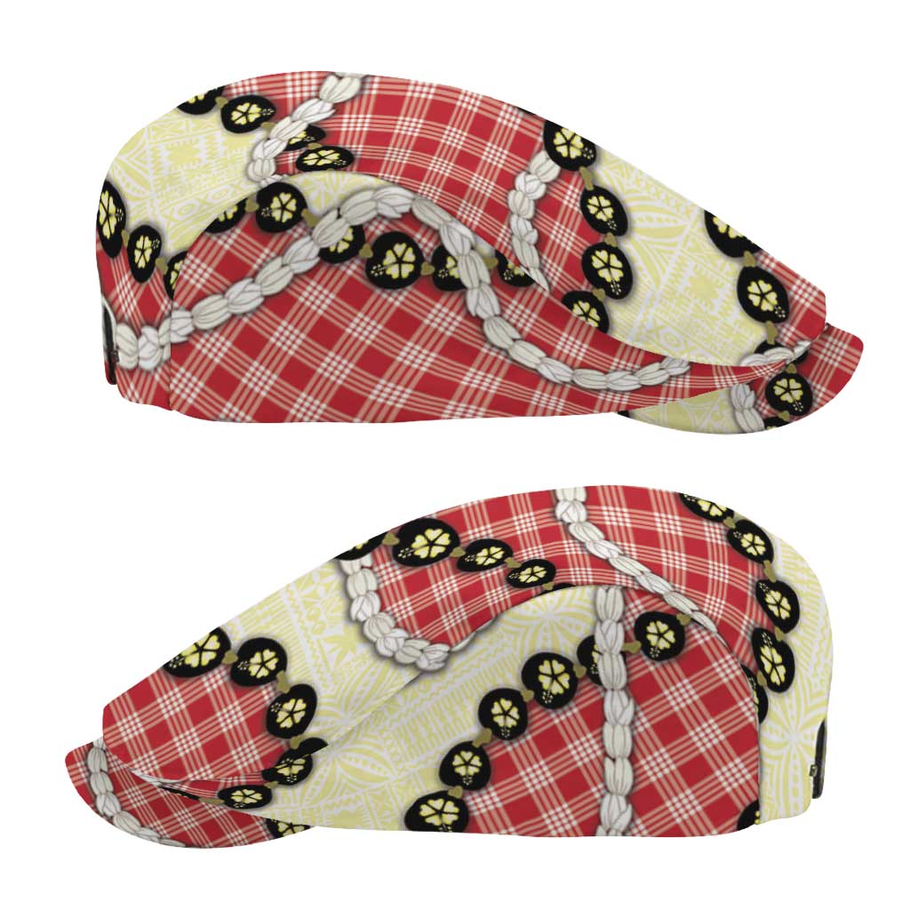 Red Palaka Hawaii Jeff Hat Kukui Nut Pikake Lei Hawaiian Tapa Pattern - Polynesian Pride